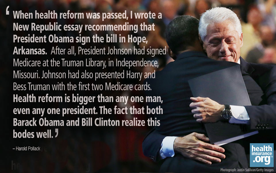 Presidents Obama and Clinton embrace