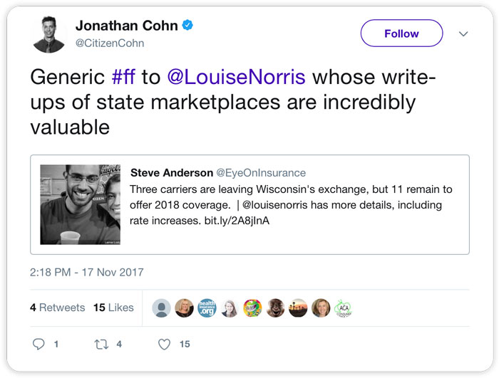 Jonathan Cohn: Generic #ff to @LouiseNorris whose write-ups of state marketplaces are incredibly valuable