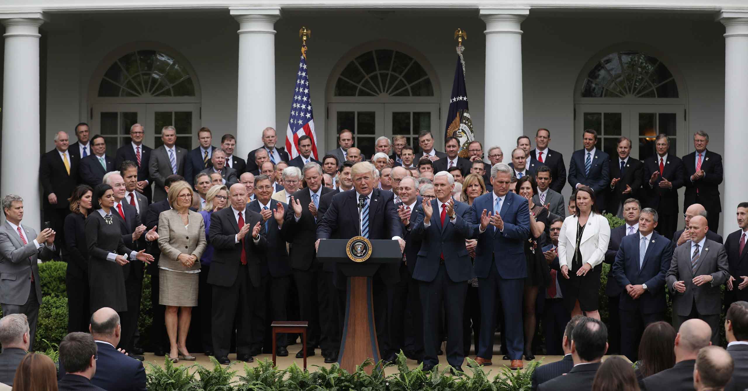 President Trump and House Republicans celebrate House passage of a bill to repeal major parts of the Affordable Care Act.
