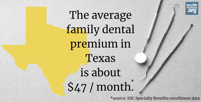 The average family dental premium in Texas is about $47/month.