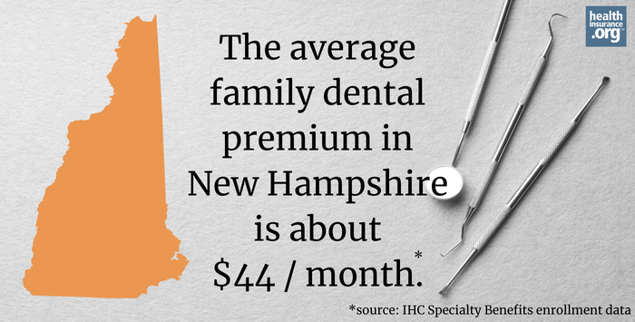 The average family dental premium in New Hampshire is about $44/month.