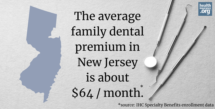 The average family dental premium in New Jersey is about $64/month.