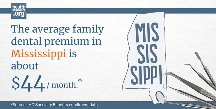 The average family dental premium in Mississippi is about $44/month.