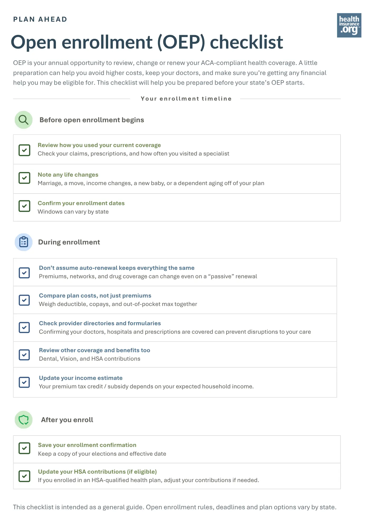 Open enrollment period (OEP) checklist: what to do before OEP begins, during enrollment, and after you enroll