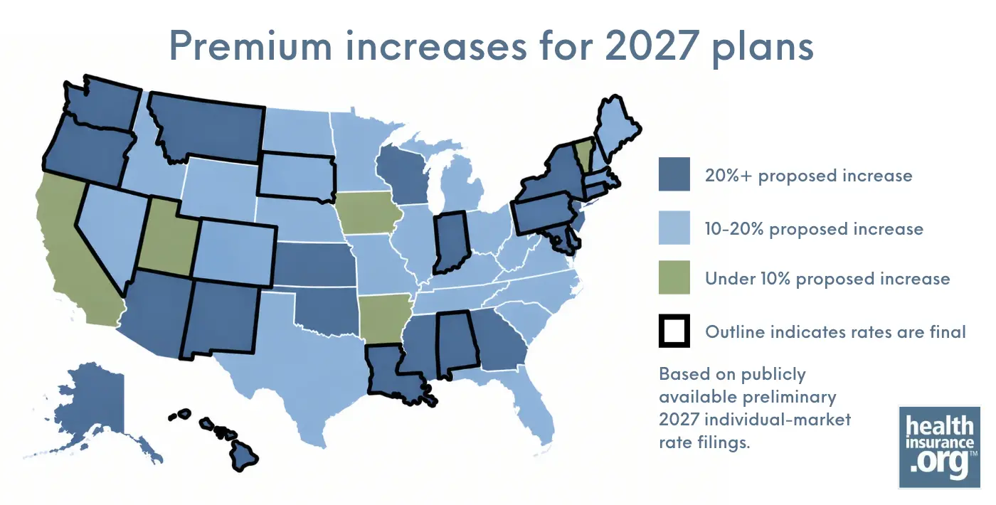 Map of premium increases on 2027 ACA health plans
